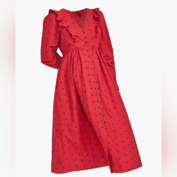 Hatch Red Embroidered Midi Button  Long Sleeve Cotton Dress Size S - Picture 4 of 16